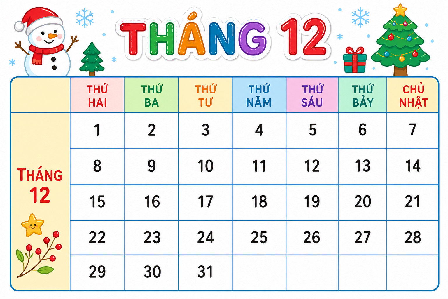 Xem lịch tháng 12 dưới đây rồi trả lời câu hỏi:  Tháng 12 có ………. ngày  Tháng 12 có ………. ngày thứ Tư (ảnh 1)