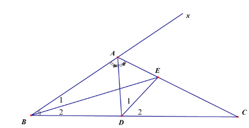 Cho ΔABC có góc A= 120 độ và hai đường phân giác AD, BE (D thuộc BD, E thuộc AC). Số đo của góc BED là (ảnh 1)
