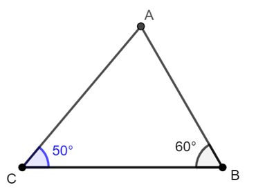 Cho tam giác ABC có góc B+ góc C= 110 độ và góc B- góc C= 10 độ. Khẳng định  nào sau đây là đúng? (ảnh 1)