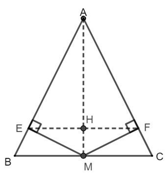 Cho tam giác ABC cân tại A có M là trung điểm của BC. Kẻ ME vuông góc với AB tại E, MF (ảnh 1)