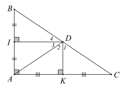 Cho ∆ABC vuông ở A, gọi D là giao điểm của hai đường trung trực của hai cạnh AB và (ảnh 1)