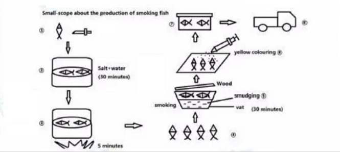 You should spend about 20 minutes on this task.  The diagram below shows the small-scope about the production of smoked fish. (ảnh 1)