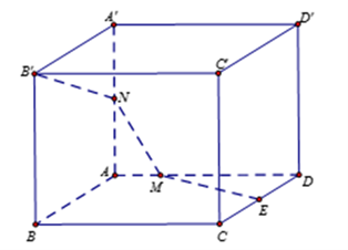 Một mô hình trang trí có dạng là hình lập phương ABCD.A'B'C'D', cạnh bằng 10 m (như hình vẽ). Người ta cần nối một đường dây điện đi từ điểm E (là trung điểm của CD) đi qua điểm M thuộc cạnh AD, đi tiếp qua điểm N thuộc cạnh AA' rồi tới điểm B'.  (ảnh 1)