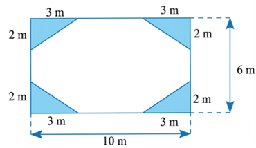 Cho mảnh vườn h&igrave;nh chữ nhật c&oacute; độ d&agrave;i hai cạnh l&agrave; \(6\,\,{\rm{m}}\) v&agrave; \(10\,\,{\rm{m}}\). Người ta trồng 4 bồn cỏ c&oacute;  dạng h&igrave;nh tam gi&aacute;c xung quanh như h&igrave;nh vẽ, phần c&ograve;n lại trồng hoa. (ảnh 1)