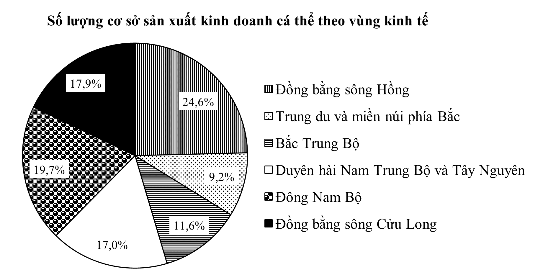 Biểu đồ hình quạt tròn sau biểu diễn số lượng cơ sở sản xuất kinh doanh (SXKD) cá thể theo vùng kinh tế ở Việt Nam tính tại thời điểm 31/12/2025: (ảnh 1)