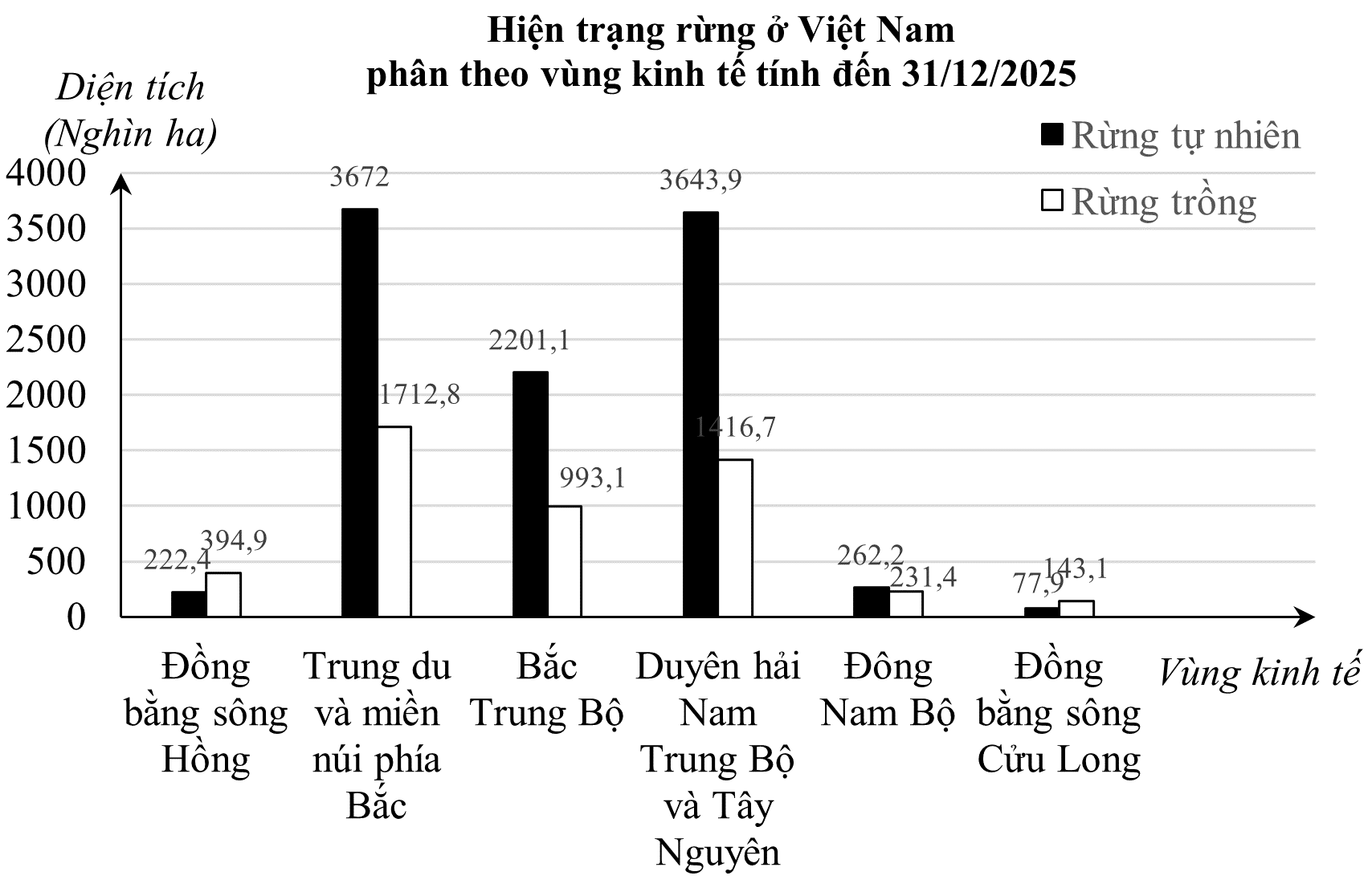 Biểu đồ sau biểu diễn hiện trạng rừng ở Việt Nam phân theo vùng kinh tế tính đến 31/12/2025. (ảnh 1)