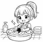 The girl has filled a basin with clean water and added detergent, rubbed and scrubbed the fabric gently to remove dirt, and hung the laundry to air-dry. Which photo shows the missing step?   (ảnh 1)