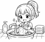 The girl has filled a basin with clean water and added detergent, rubbed and scrubbed the fabric gently to remove dirt, and hung the laundry to air-dry. Which photo shows the missing step?   (ảnh 3)