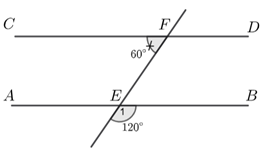 Cho hình vẽ Biết \(\widehat {CFE} = 60^\circ ,\widehat {{E_1}} = 120^\circ \), khi đó A. \(\widehat {BEF} = 60^\circ .\) B. \(AB\parallel CD\). C. Cả A, B đều đúng. D. Cả A, B đều sai. (ảnh 1)