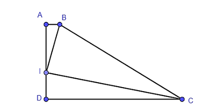 Cho hình thang vuông ABCD vuông tại A và D. Trên cạnh AD lấy I sao cho AB ⋅ DC = AI ⋅ DI. Khi đó (ảnh 1)