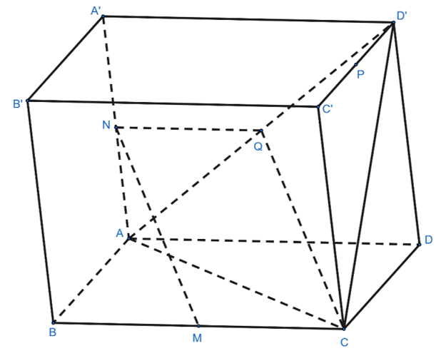 Cho hình hộp ABCD.A′B′C′D′. Gọi M, N, P, Q lần lượt là trung điểm của các cạnh BC, AA′, C′D′, AD′. Xét tính đúng sai của các mệnh đề sau: (ảnh 1)