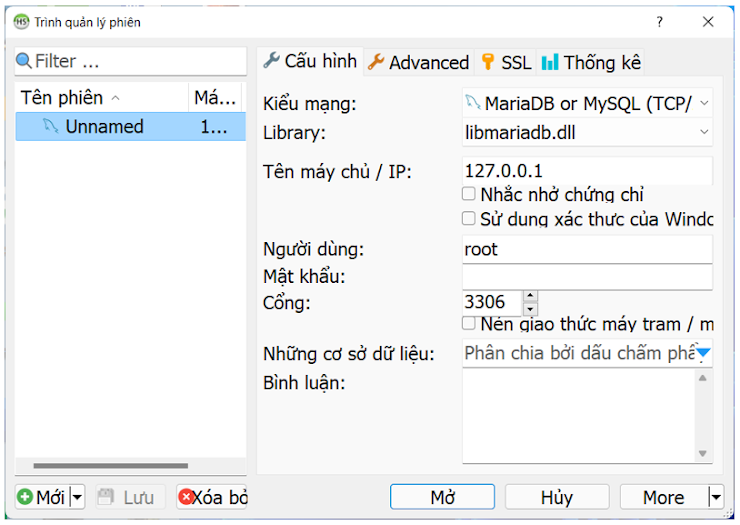 Khi nháy đúp chuột vào biểu tượng phần mềm HeidiSQL, một cửa sổ như bên dưới xuất hiện. Để vào cửa sổ làm việc của HeidiSQL, cần thực hiện các công việc nào sau đây?   (ảnh 1)