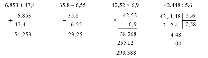 Đặt tính rồi tính. 6,853 + 47,4 35,8 – 6,55 (ảnh 1)