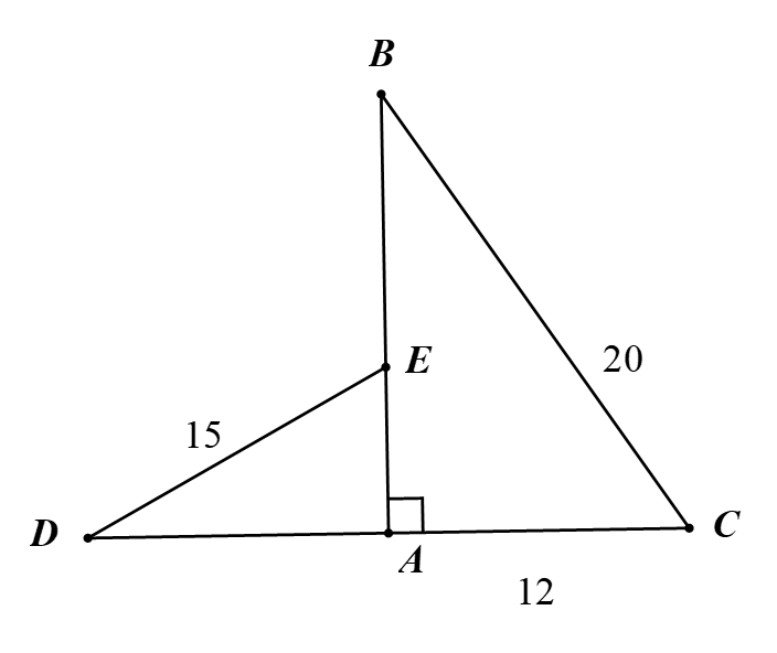 Cho hình vẽ dưới đây với \(AC = 12\) cm, \(BC = 20\) cm, \(AE = 9\) cm và \(DE = 15\) cm. Khẳng định nào sau đây là đúng? (ảnh 1)
