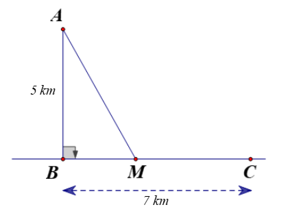 Một ngọn hải đăng đặt ở vị trí A cách bờ biển một khoảng AB = 5 (km). Trên bờ biển có một cái kho ở vị trí C cách B một khoảng là 7 (km) Người canh hải đăng có thể chèo đò từ A đến vị trí M t (ảnh 1)