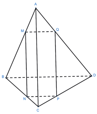 Cho tứ diện&nbsp;ABCD, tr&ecirc;n cạnh&nbsp;AB lấy điểm&nbsp;M&nbsp;sao cho&nbsp;AM = \(\frac{1}{3}\)AB. Mặt phẳng&nbsp;(&alpha;) đi qua&nbsp;M&nbsp;song song với&nbsp;BD&nbsp;v&agrave;&nbsp;AC, cắt cạnh&nbsp;CD&nbsp;tại&nbsp;P. Biết tỉ số&nbsp;\(\frac{{PC}}{{PD}} = \frac{a}{b}\)&nbsp;với&nbsp; (ảnh 1)