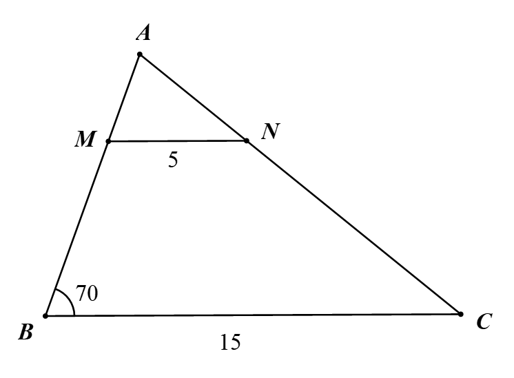 Cho h&igrave;nh vẽ b&ecirc;n dưới, biết , \(MN = 5\) cm,  \(BC = 15\) cm, \(\widehat B = 70^\circ \) v&agrave; \(AC = 18\) cm.   X&eacute;t t&iacute;nh đ&uacute;ng sai của c&aacute;c khẳng định sau: (ảnh 1)