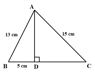 Cho tam giác nhọn ABC có AB = 13 cm, AC = 15 cm. Kẻ AD vuông góc BC ( D thuộc BC). Biết BD = 5 cm. Tính CD. (ảnh 1)