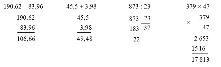 Đặt tính rồi tính  190,62 – 83,96 (ảnh 1)
