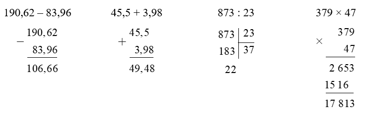 Đặt tính rồi tính     190,62 – 83,96  	  45,5 + 3,98  	 (ảnh 1)