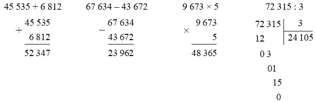 Đặt tính rồi tính 45 535 + 6 812 (ảnh 1)