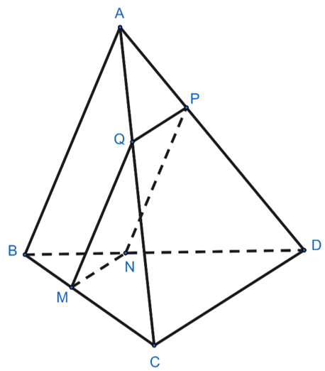 Cho tứ diện ABCD. Giả sử M thuộc đoạn thẳng BC. Mặt phẳng (α) qua M song song với AB và CD, N = (α) ∩ BD. Xét tính đúng hay sai của các khẳng định sau: (ảnh 1)