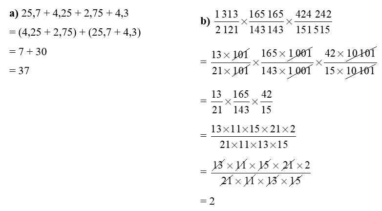Tính nhanh.  a) 25,7 + 4,25 + 2,75 + 4,3        (ảnh 1)
