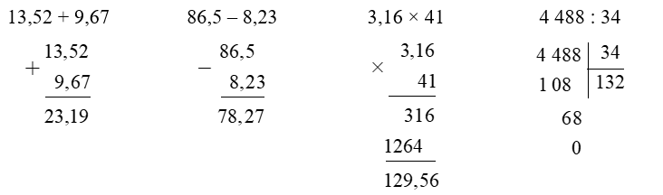 Đặt tính rồi tính.  13,52 + 9,67 (ảnh 1)