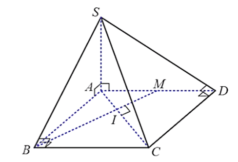 Cho hình chóp S.ABCD có đáy ABCD là hình chữ nhật, AB = a, BC = a\(\sqrt 2 \). SA vuông góc với đáy. Gọi M là trung điểm của AD. Đường thẳng BM vuông góc với đường thẳng: (ảnh 1)