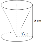 Một khúc gỗ hình trụ có bán kính đáy 1 cm và chiều cao 2 cm, người ta khoan bỏ đi một phần có dạng hình nón có đáy trùng với đáy hình trụ và đỉnh tại tâm đáy còn lại. Thể tích của phần còn lại là (ảnh 1)