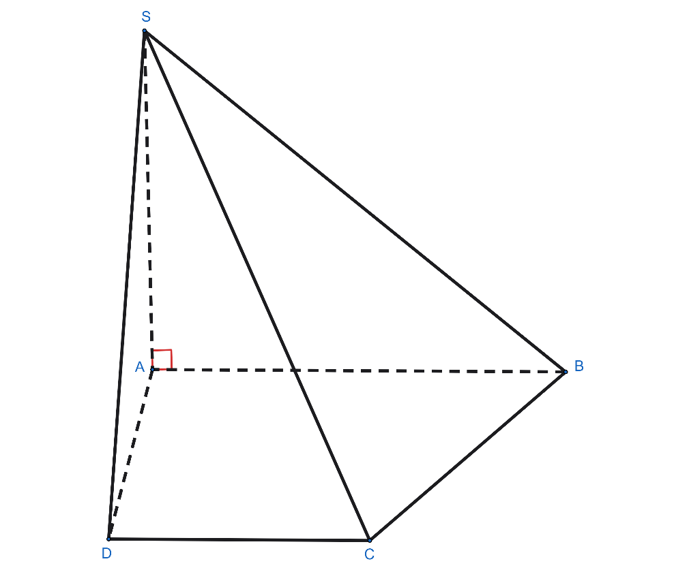 Cho hình chóp S.ABCD có SA ⊥ (ABCD), đáy ABCD là hình thang vuông tại A và D. Biết SA = AD = DC = a, AB = 2a. Khẳng định nào sau đây sai? (ảnh 1)