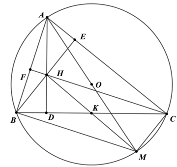 Vậy ba điểm \(H,\,K,\,M\) thẳng h&agrave;ng. (ảnh 1)