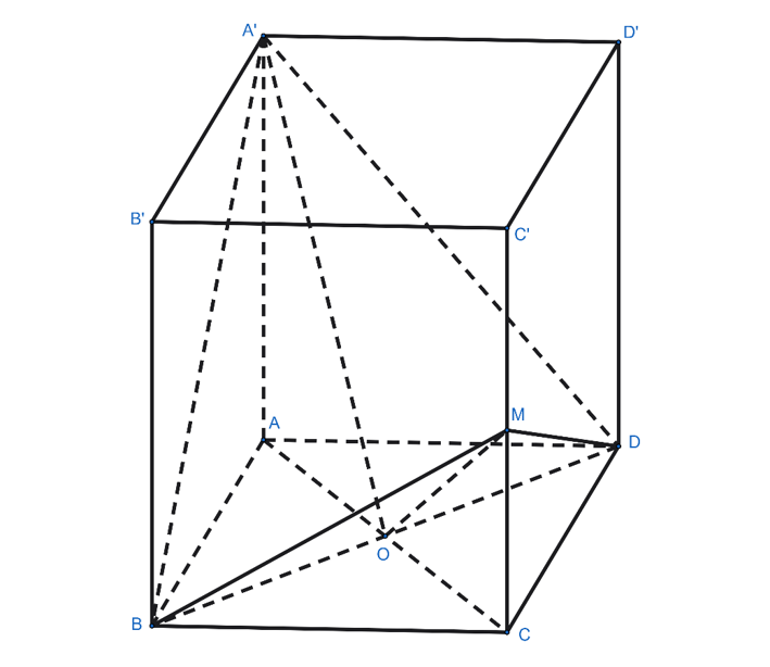 Cho hình hộp chữ nhật ABCD.A′B′C′D′ có AB = AD = a, AA′ = b. Gọi M là trung điểm của CC′. Xác định tỉ số a/b để hai mặt phẳng (A′BD) và (MBD) vuông góc với nhau. (ảnh 1)