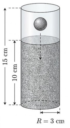 Một chiếc cốc thủy tinh hình trụ có chiều cao 15 cm và bán kính đáy là 3 cm. Trong cốc đang chứa một lượng nước, biết mực nước hiện tại cao 10 cm. Người ta thả từ từ các viên bi thủy tinh hình cầu đặc vào cốc (tham khảo hình vẽ). (ảnh 1)