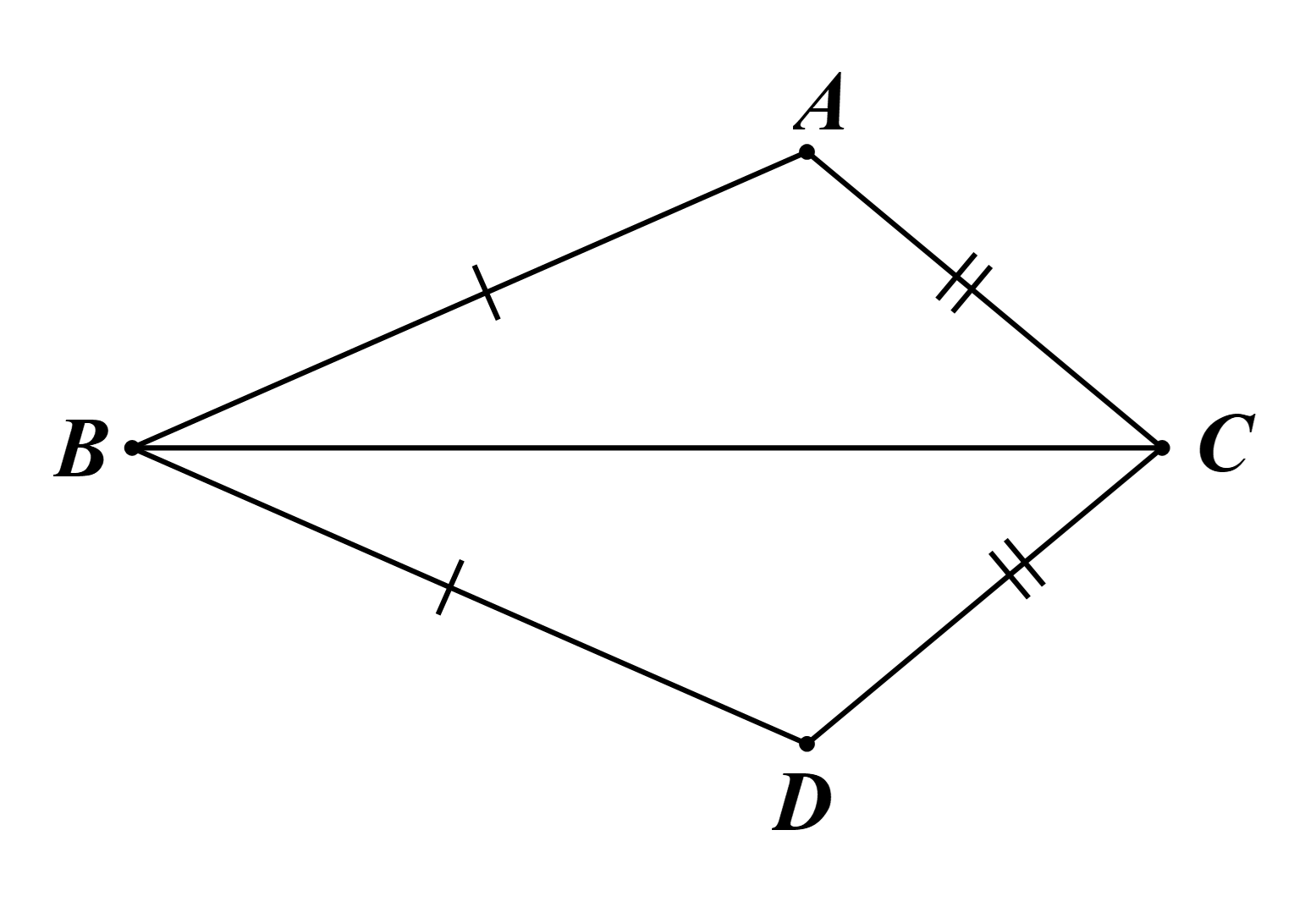 Cho hai tam giác chung đáy BC là ∆ABC và ∆DBC (A và D nằm khác phía đối với đường thẳng BC). Biết AB = DB và AC = DC. Khẳng định nào sau đây là đúng? (ảnh 1)