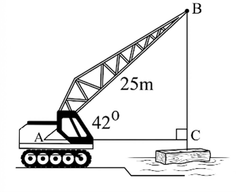 Một cần cẩu đang n&acirc;ng một khối gỗ tr&ecirc;n s&ocirc;ng, biết tay cầu \(AB\) c&oacute; chiều d&agrave;i bằng 25 m v&agrave; nghi&ecirc;ng một g&oacute;c \(42^\circ \) so với phương nằm ngang. T&iacute;nh chiều d&agrave;i \(BC\) của đoạng d&acirc;y c&aacute;p (kết quả l&agrave;m tr&ograve;n đến h&agrave;ng phần trăm). (ảnh 1)