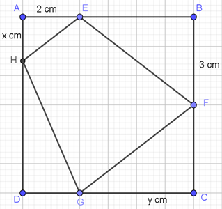 Cho một tấm nhôm hình vuông cạnh 6 cm. Người ta muốn cắt một hình thang như hình vẽ. Tìm tổng x + y để diện tích hình thang EFGH đạt giá trị nhỏ nhất. (ảnh 1)