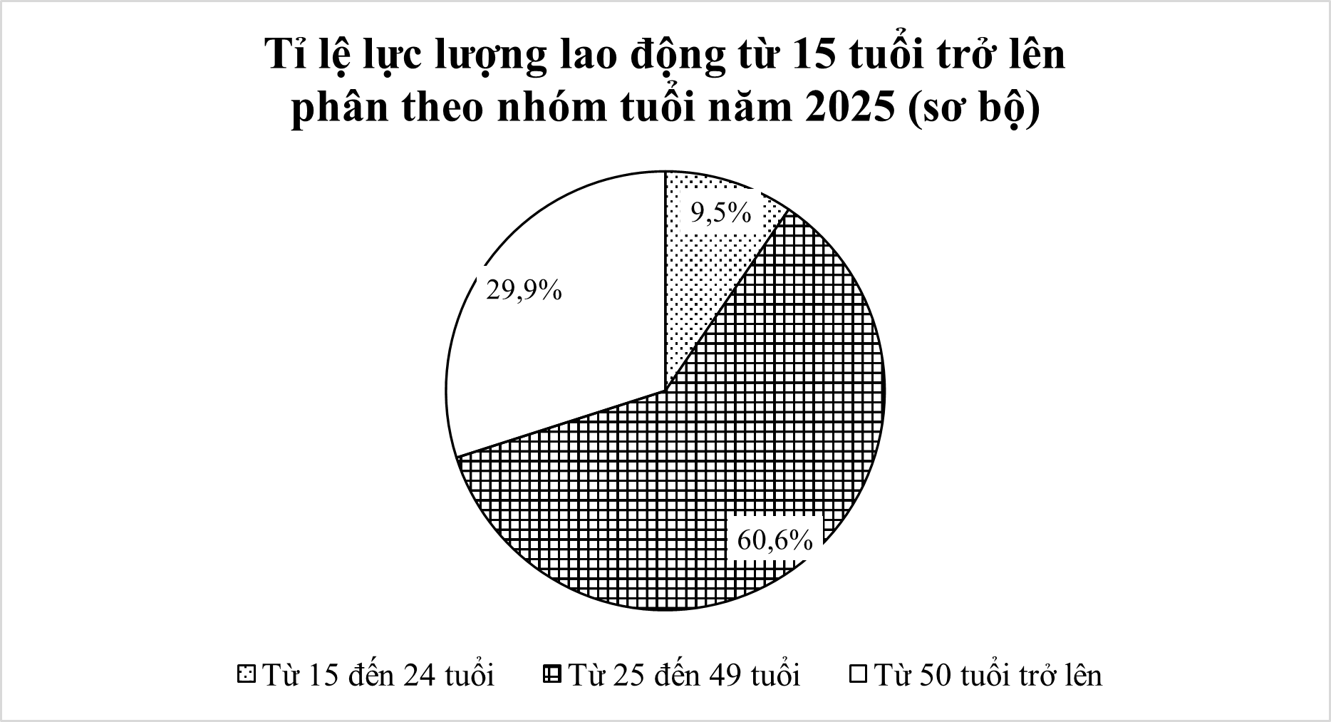Cho bảng số liệu lực lượng lao động từ 15 tuổi trở lên phân theo nhóm tuổi năm 2025 (Sơ bộ) sau:  Nhóm tuổi	Từ 15 đến 24 tuổi	Từ 25 đến 49 tuổi	Từ 50 tuổi trở lên Lực lượng lao động (nghìn người)	5093,5	32435,4	16030,7 (Theo Niên giám thống kê – 2025)  (ảnh 1)