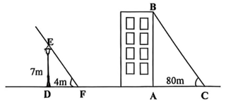 Một cột đèn cao \(7\) m có bóng trên mặt đất dài \(4\) m. Cùng thời điểm đó một tòa nhà cao tầng có bóng trên mặt đất là \(80\) m (như hình vẽ). Em hãy cho biết tòa nhà có bao nhiêu tầng biết rằng mỗi tầng cao \(3,5\) m. (ảnh 1)
