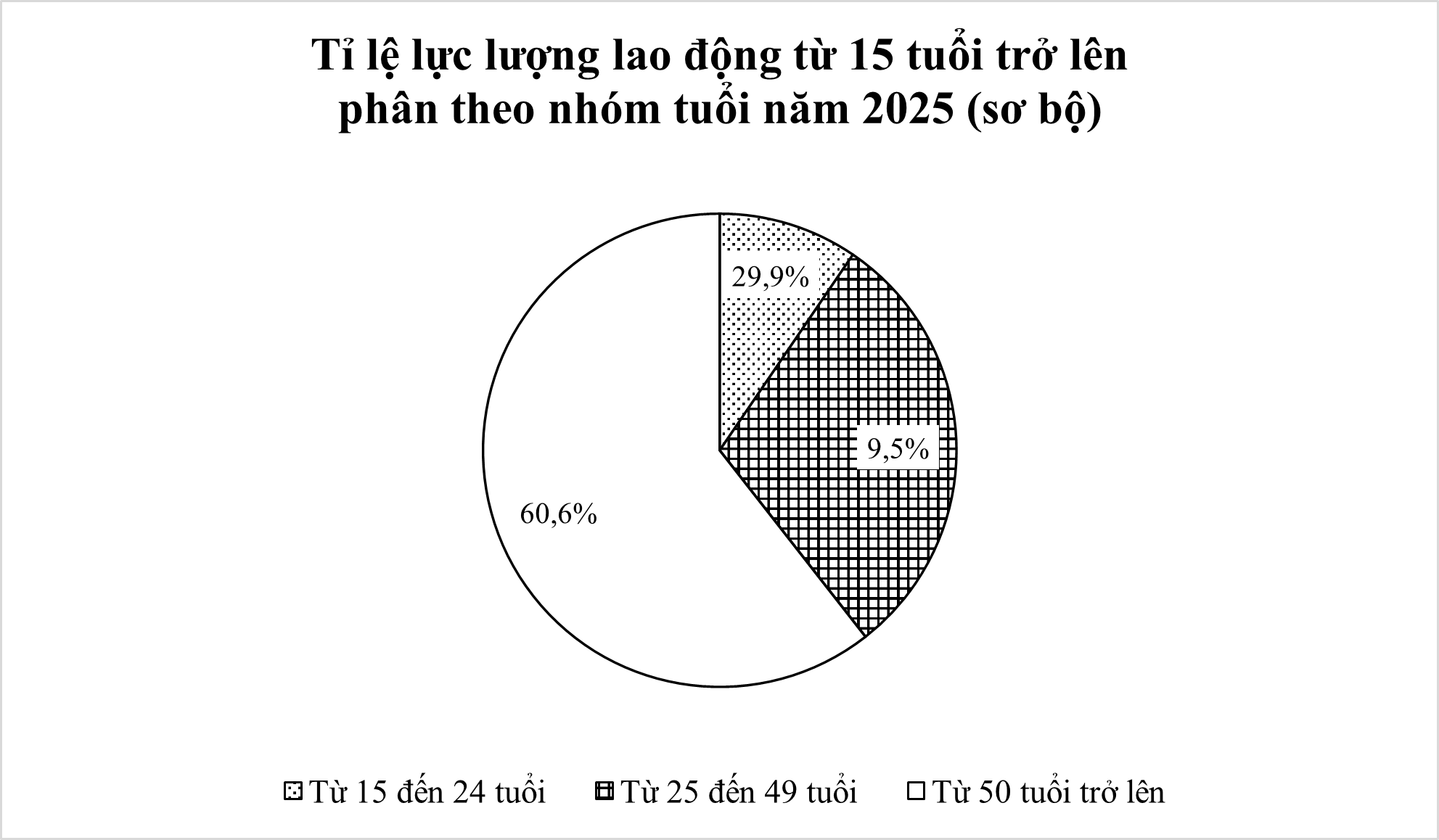 Cho bảng số liệu lực lượng lao động từ 15 tuổi trở lên phân theo nhóm tuổi năm 2025 (Sơ bộ) sau:  Nhóm tuổi	Từ 15 đến 24 tuổi	Từ 25 đến 49 tuổi	Từ 50 tuổi trở lên Lực lượng lao động (nghìn người)	5093,5	32435,4	16030,7 (Theo Niên giám thống kê – 2025)  (ảnh 2)