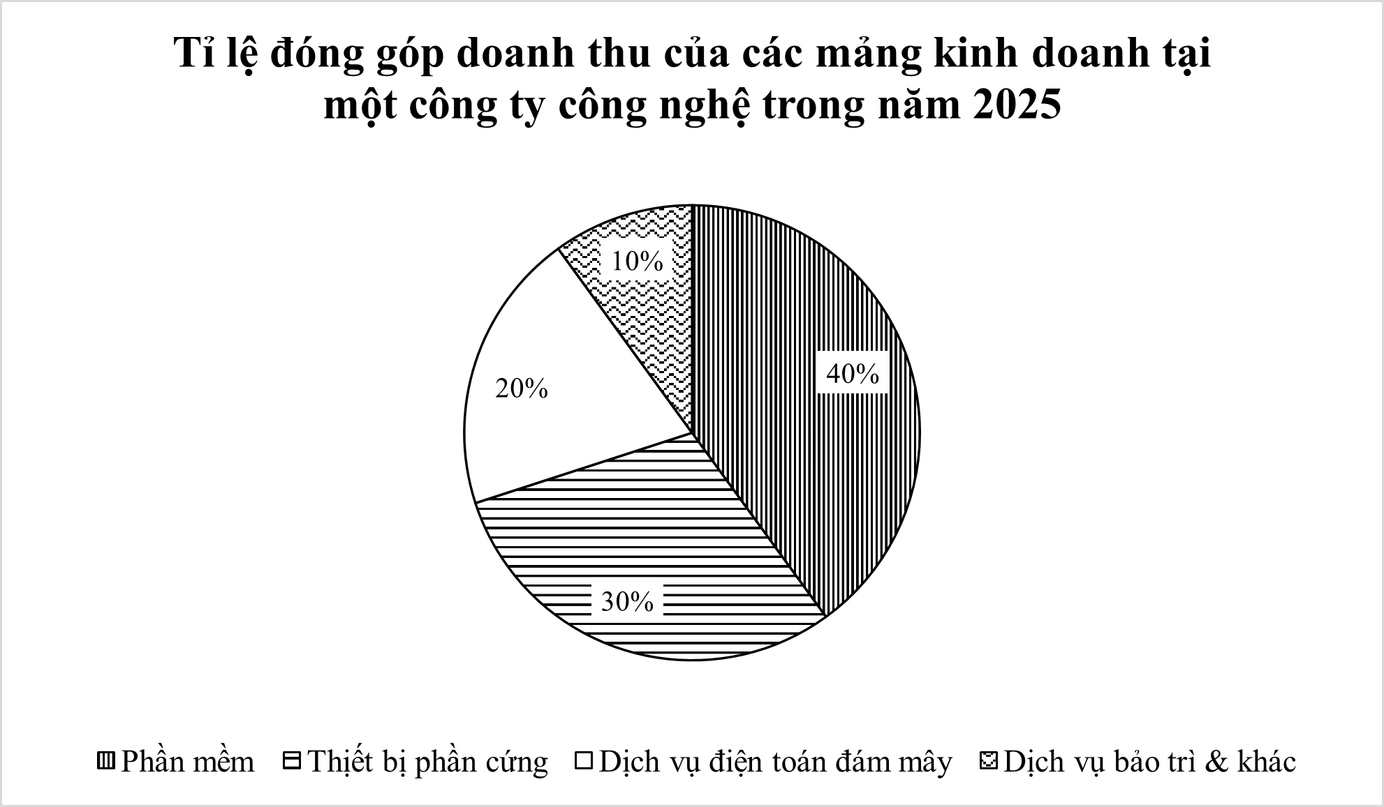 Cho biểu đồ hình quạt tròn biểu diễn tỉ lệ đóng góp doanh thu của các mảng kinh doanh tại một công ty công nghệ trong năm 2025 như sau:  (ảnh 1)